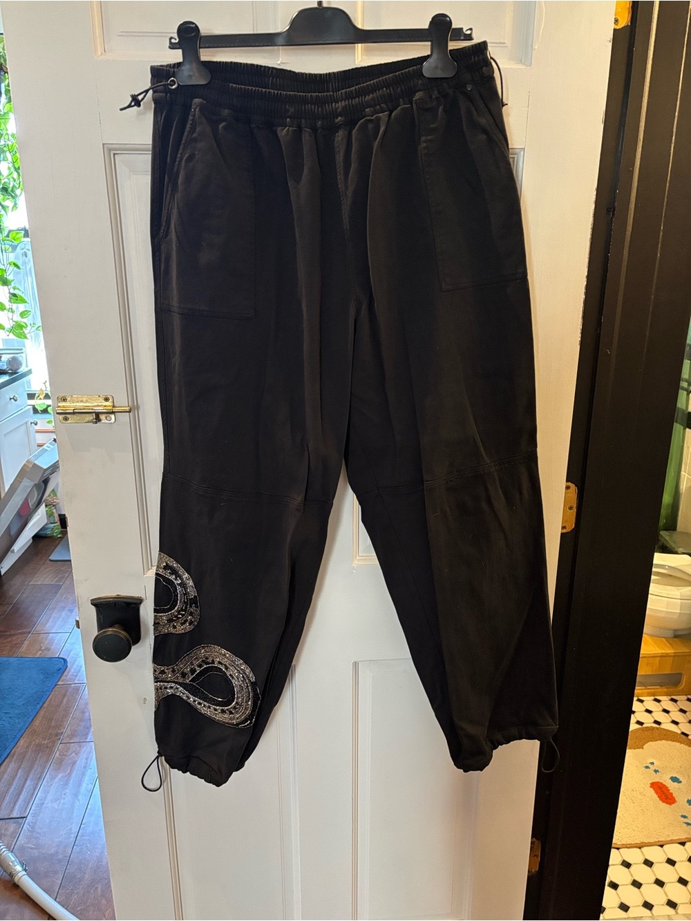 AllSaints Black Drawstring Joggers with beaded snake embroidery